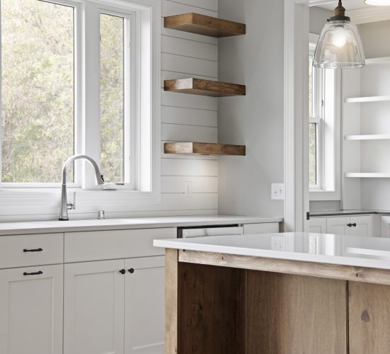 Farmhouse kitchen with shiplap walls and floating shelves