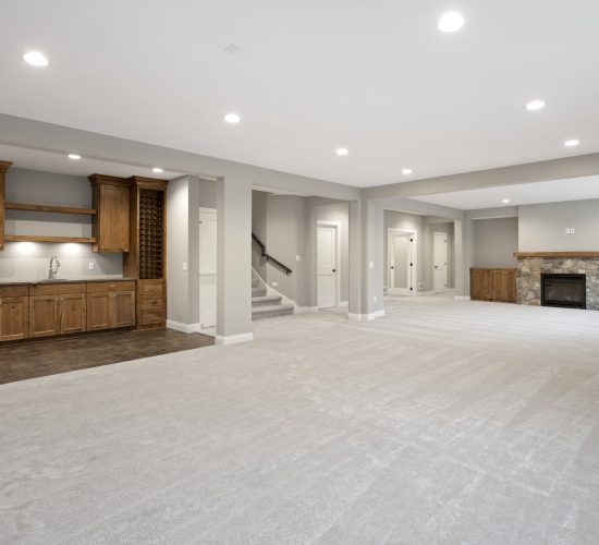 Basement with bar and fireplace