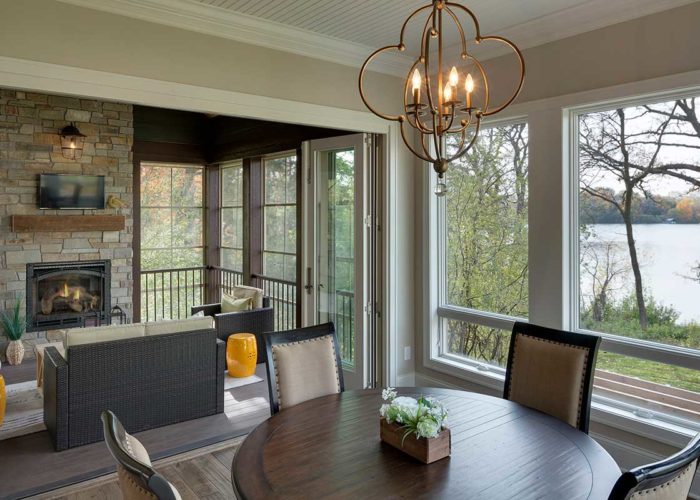 Rustic dining room overlooking lake