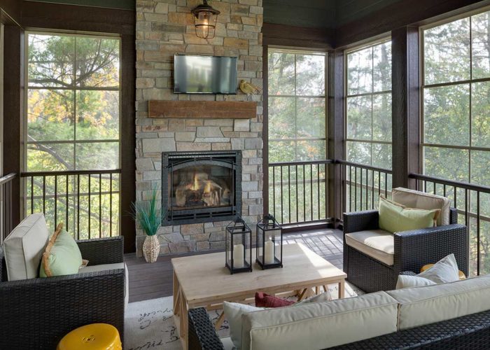 Outdoor seasonal porch with fire place