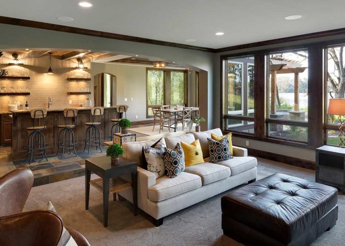 Rustic living space with large windows