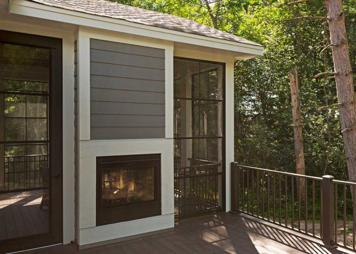 Backyard deck with built in fire place