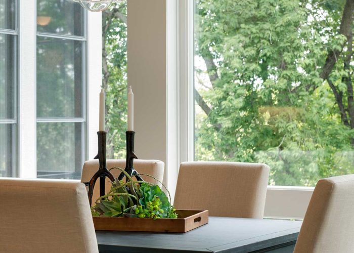 Detail shot of dining table and chandelier