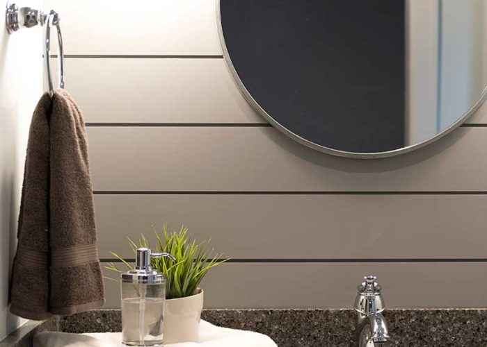 Detail shot of bathroom counter and mirror