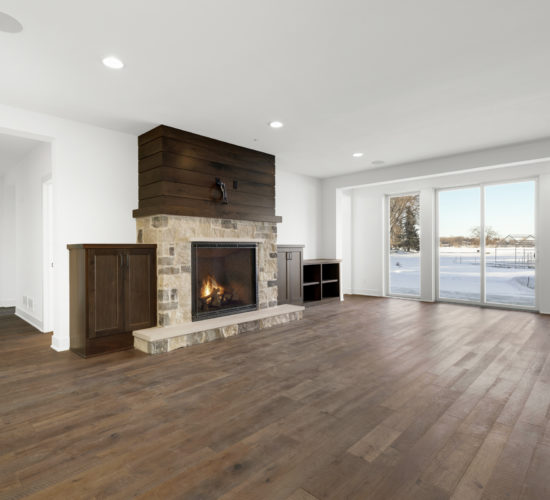lower level with stone fireplace and built-ins