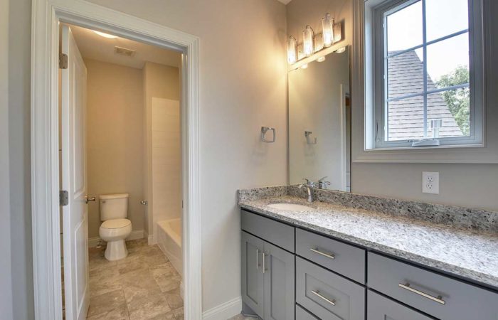 Bathroom with grey cabinets and marble countertop