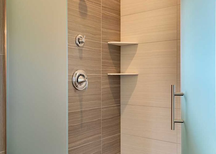 Walk in shower with frosted glass door