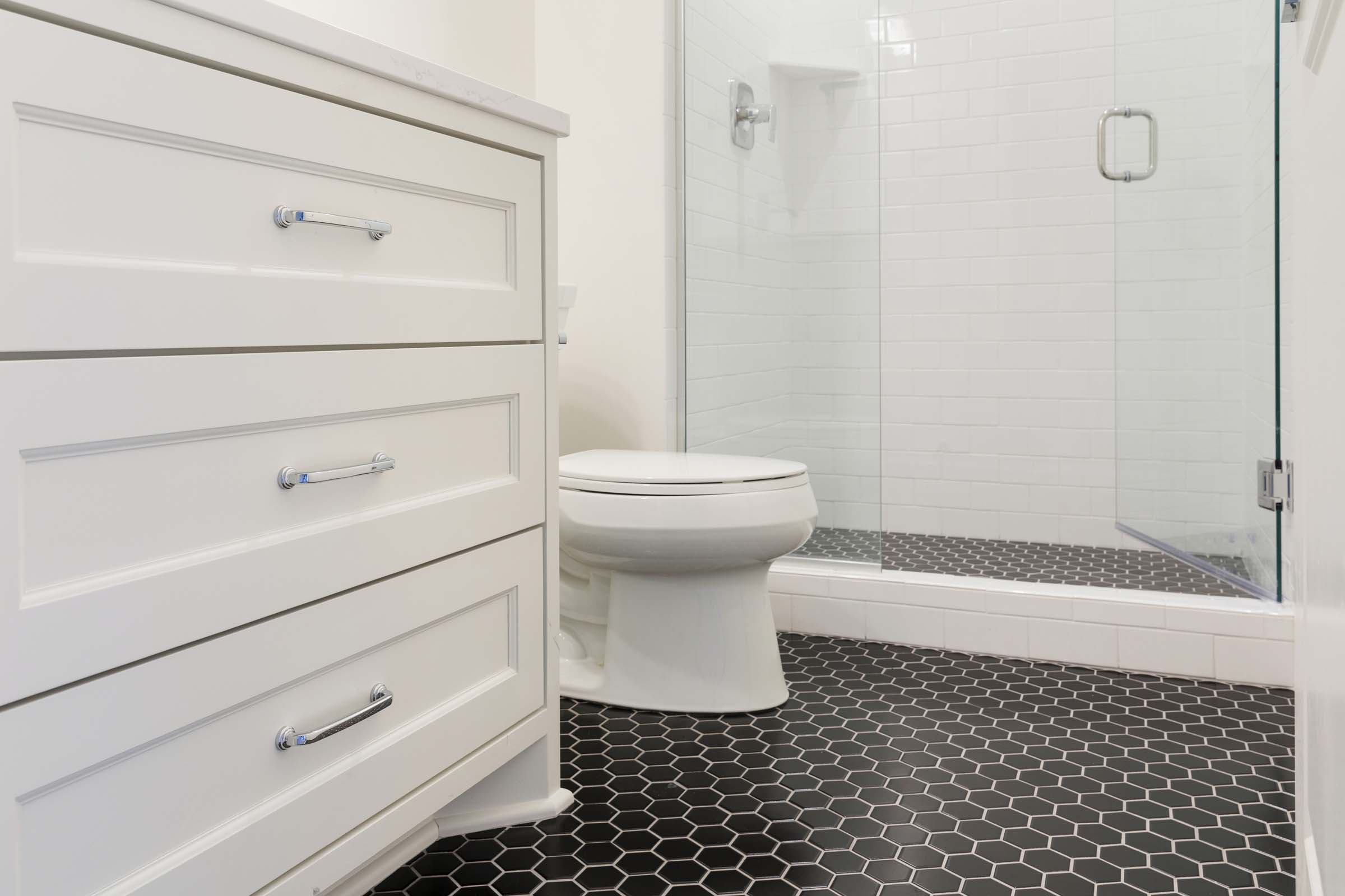 Colonial On The Creek Bathroom with black hexagon tile and shower