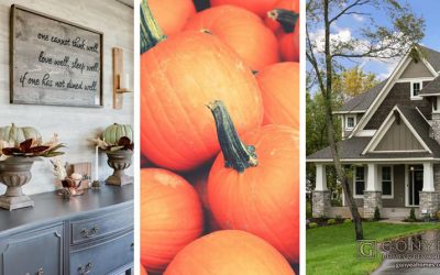 Collage of fall decor, pumpkins, and exterior of home