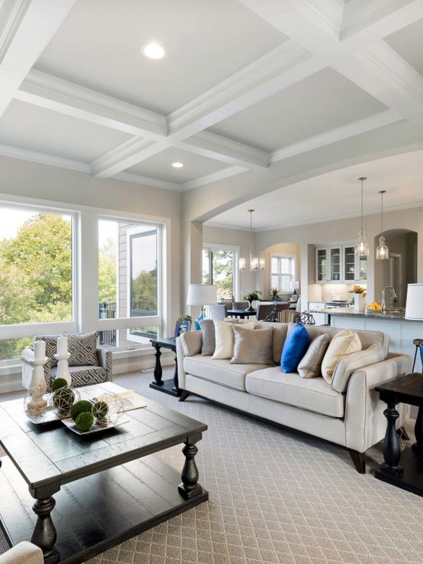 White and grey living room with fireplace and blue accents